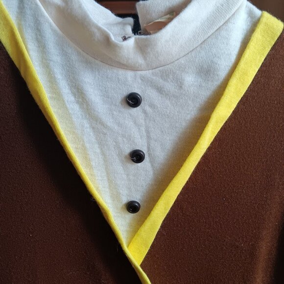 Girls 10 Vintage Dress 1960s Brown & Yellow Mod Back Zipper Mock Neck Buttery - Picture 2 of 6